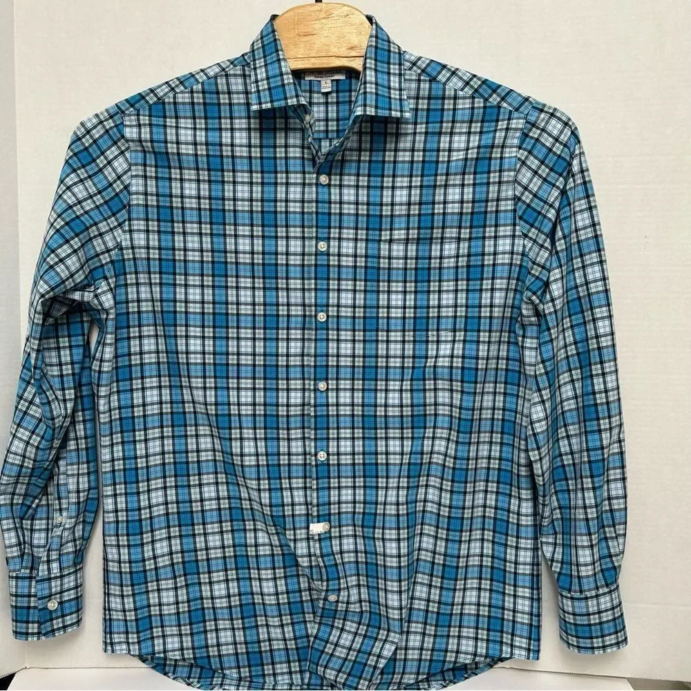 Peter Millar Summer Comfort Polyester Blue‎ Plaid Long Sleeved Size Large